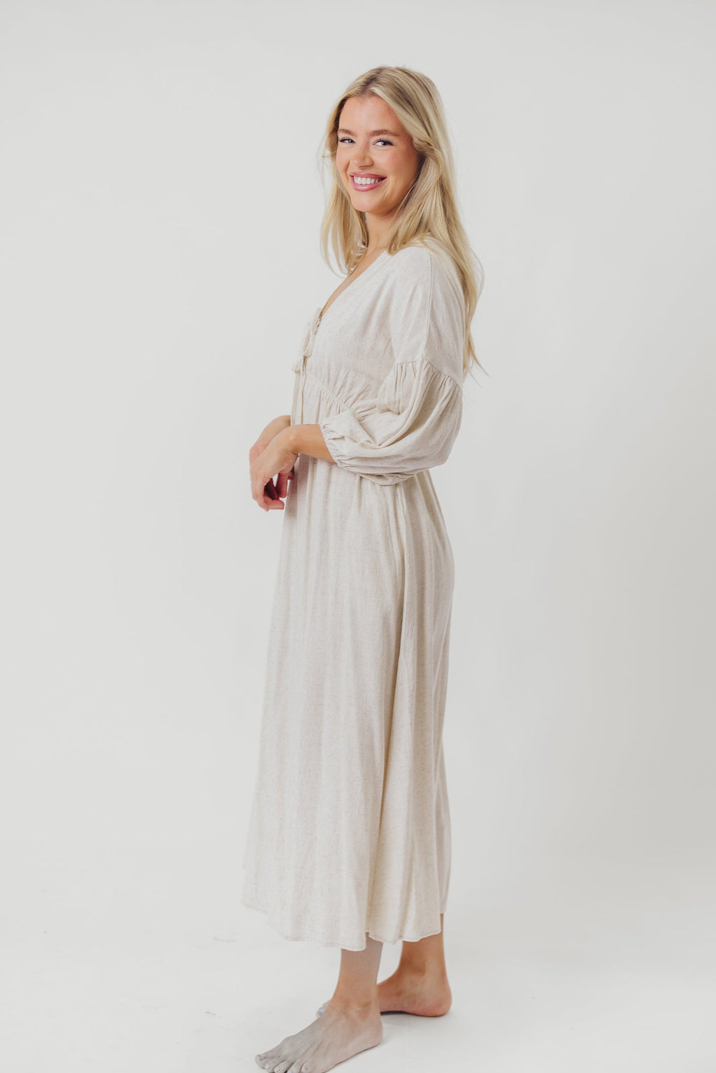 Hunter Linen-Blend Midi Dress in Greige - Bump Friendly