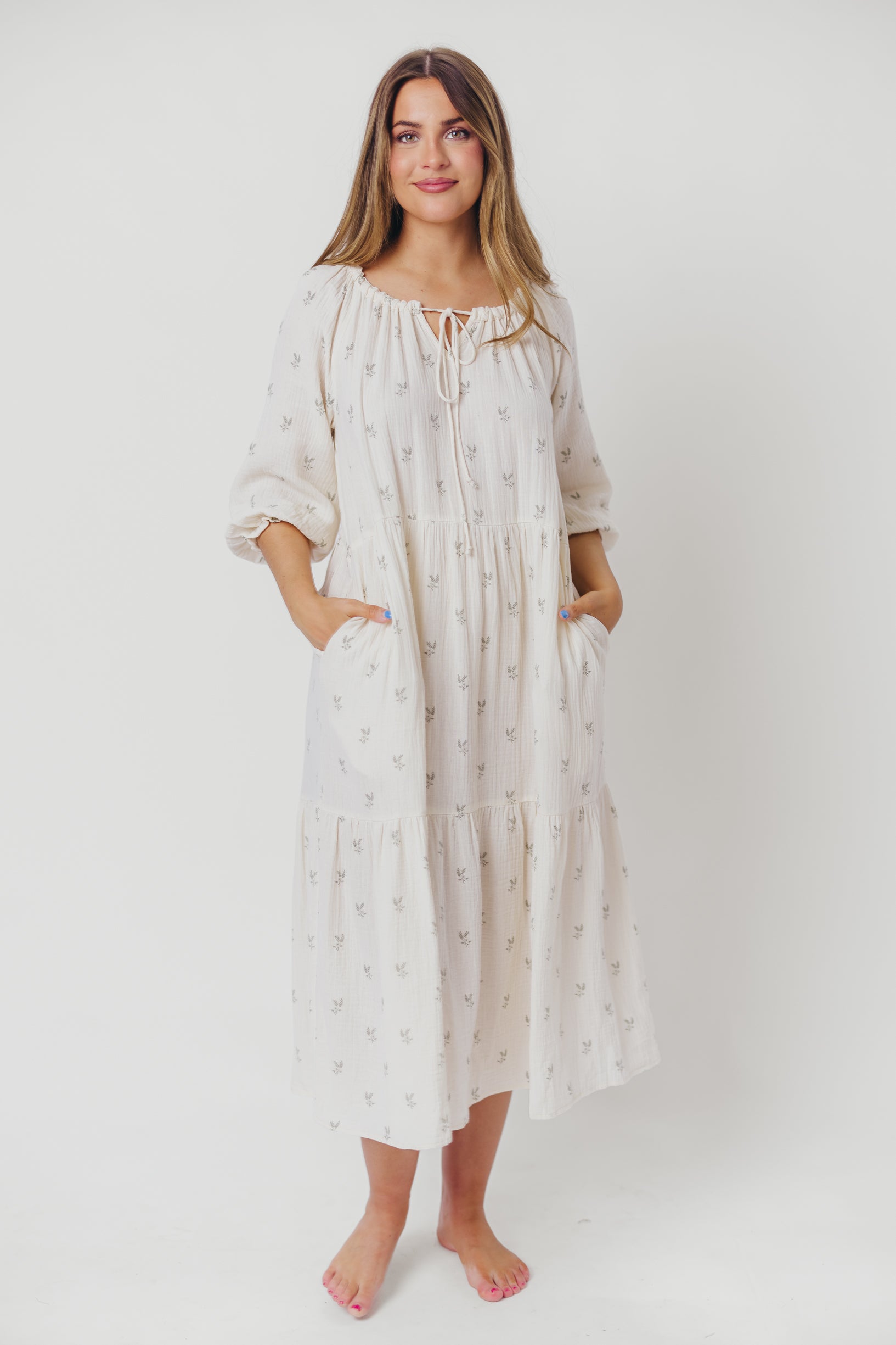 Avery Tiered Linen-Blend Midi Dress in Soy/Sage Foliage - Bump Friendly and Inclusive Sizing *Final-Sale*