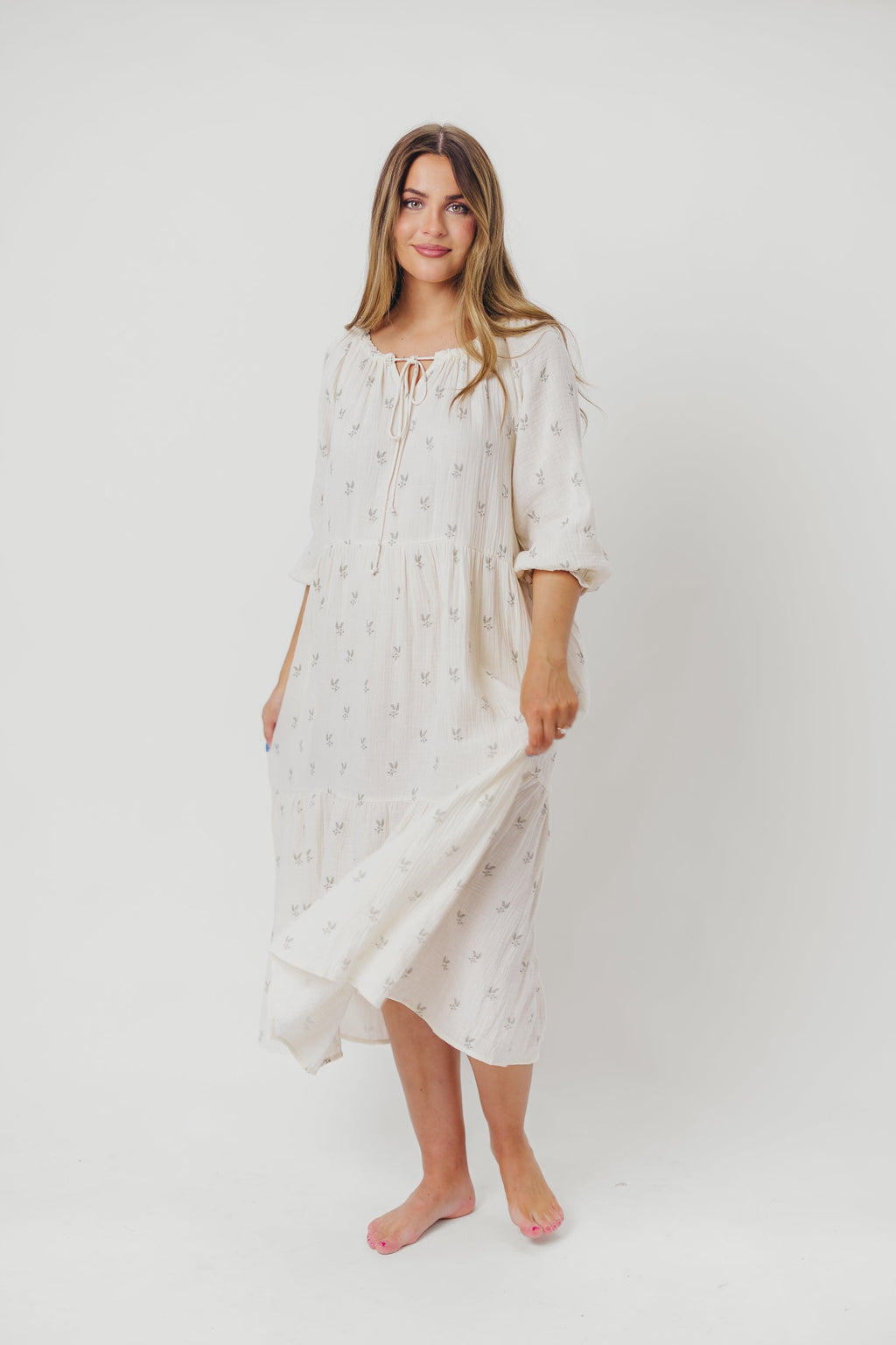 Avery Tiered Linen-Blend Midi Dress in Soy/Sage Foliage - Bump Friendly and Inclusive Sizing *Final-Sale*