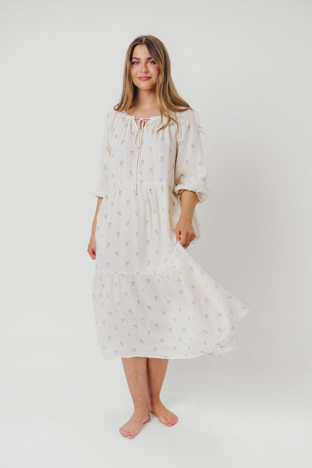 Avery Tiered Linen-Blend Midi Dress in Soy/Sage Foliage - Bump Friendly and Inclusive Sizing *Final-Sale*