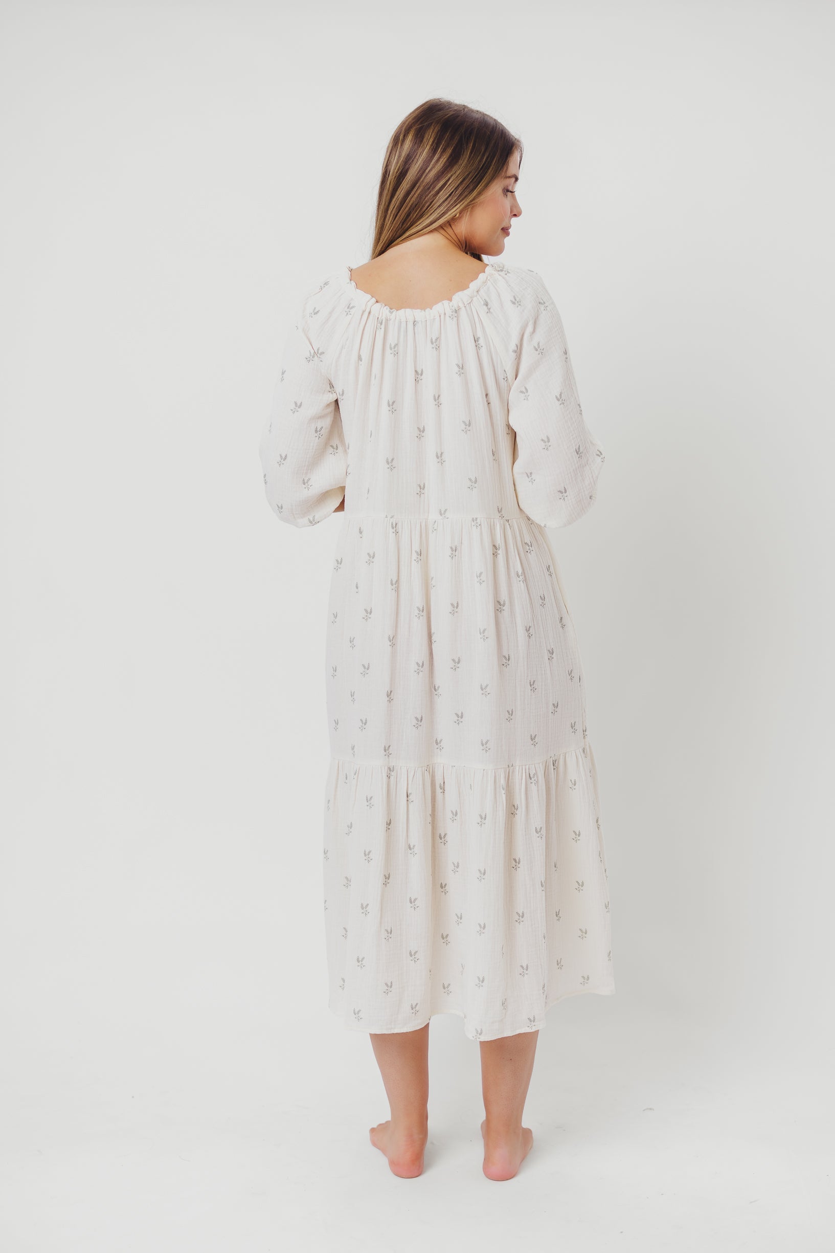 Avery Tiered Linen-Blend Midi Dress in Soy/Sage Foliage - Bump Friendly and Inclusive Sizing *Final-Sale*