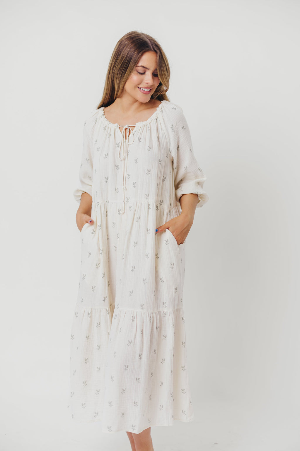 Avery Tiered Linen-Blend Midi Dress in Soy/Sage Foliage - Bump Friendly and Inclusive Sizing *Final-Sale*