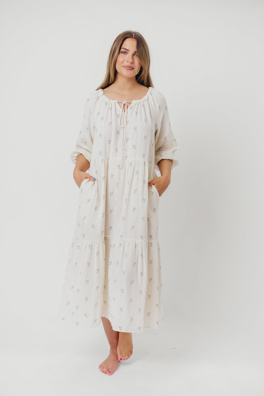 Avery Tiered Linen-Blend Midi Dress in Soy/Sage Foliage - Bump Friendly and Inclusive Sizing *Final-Sale*
