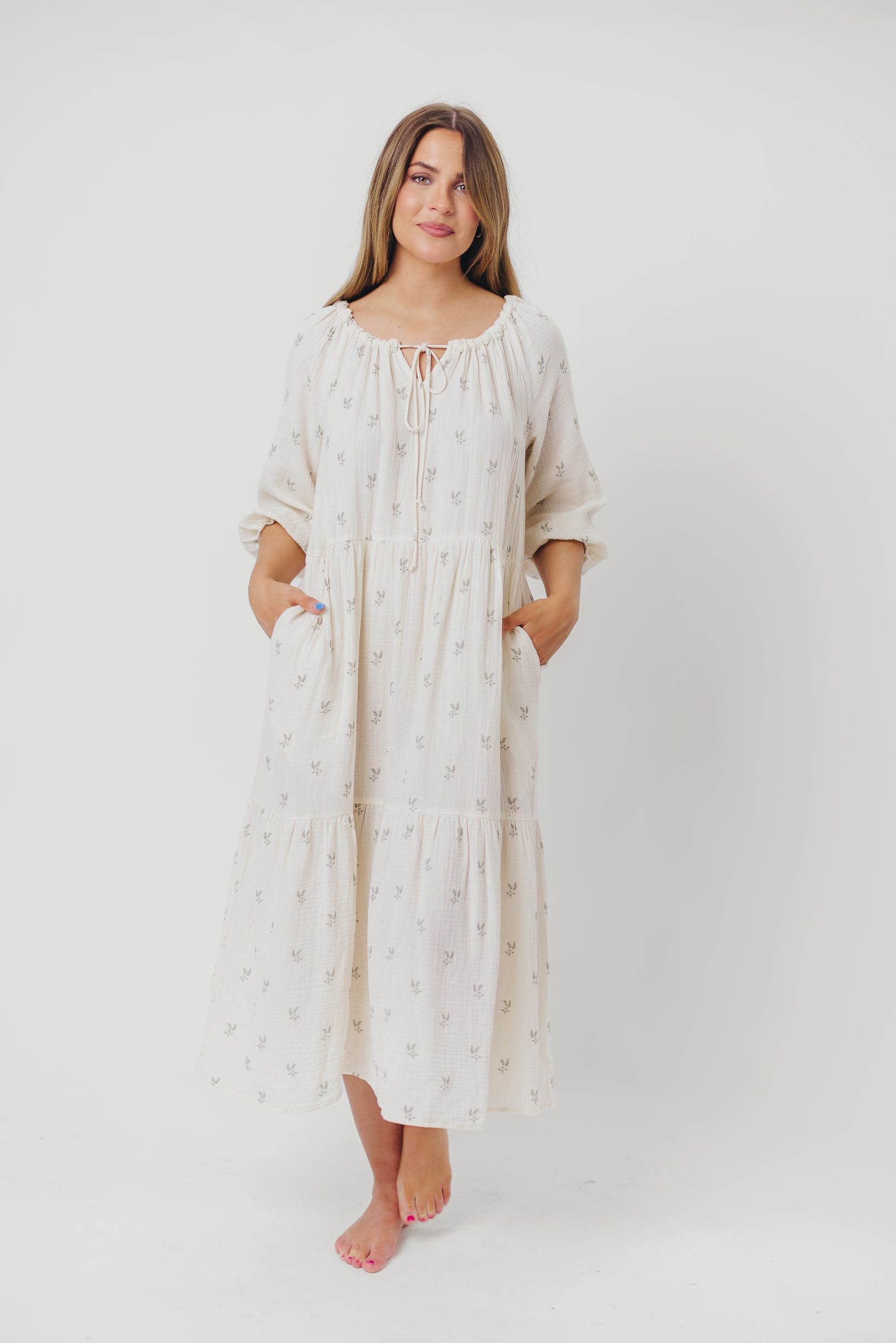 Avery Tiered Linen-Blend Midi Dress in Soy/Sage Foliage - Bump Friendly and Inclusive Sizing *Final-Sale*