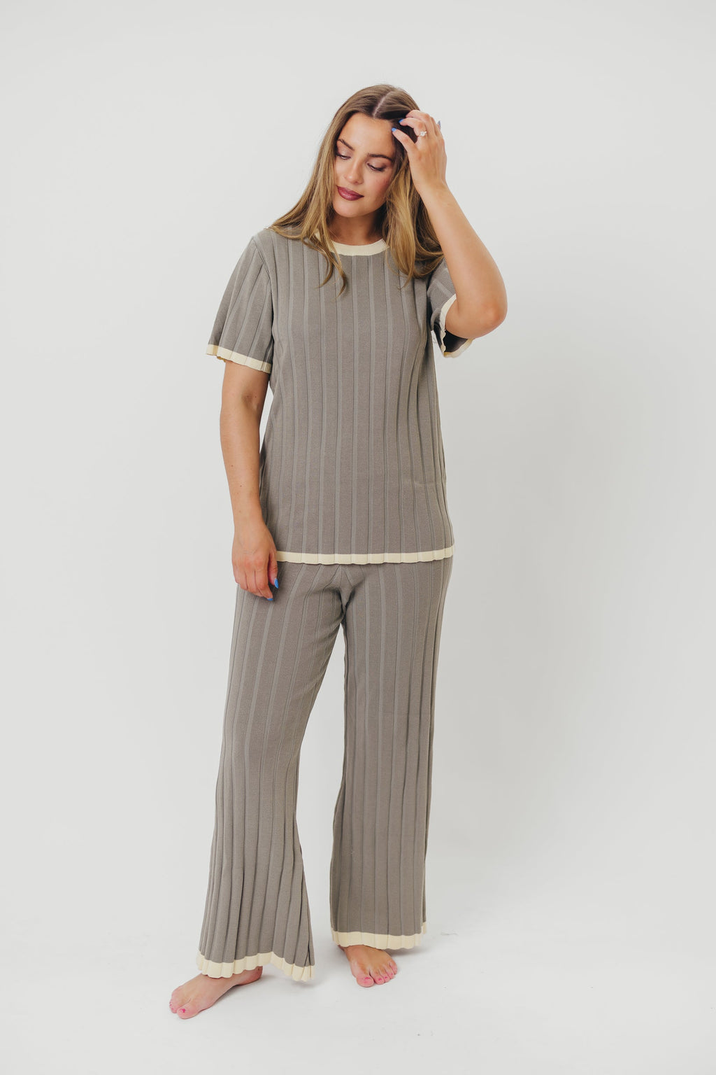 Adele Ribbed Knit Top and Pants Set in Dusty Olive *Final-Sale*