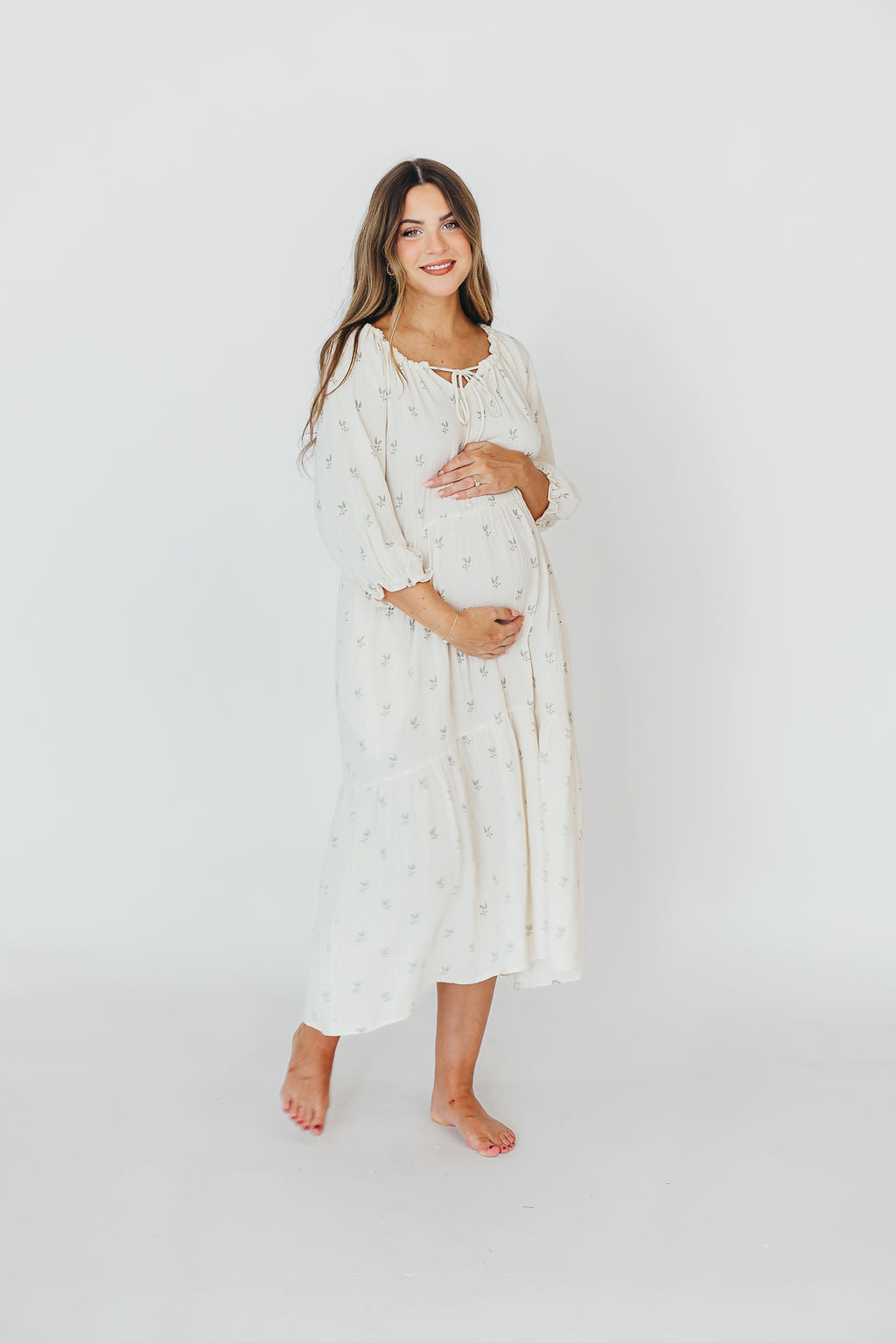 Avery Tiered Linen-Blend Midi Dress in Soy/Sage Foliage - Bump Friendly and Inclusive Sizing *Final-Sale*