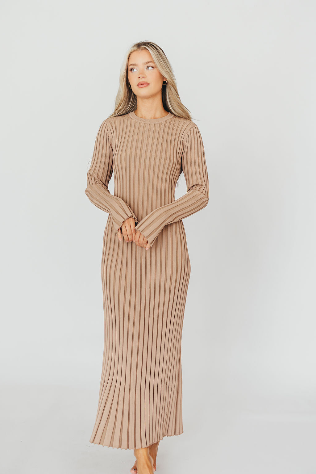 Colette Premium Long Sleeved Ribbed Knit Maxi Dress in Dark Natural - Bump Friendly *Final Sale*