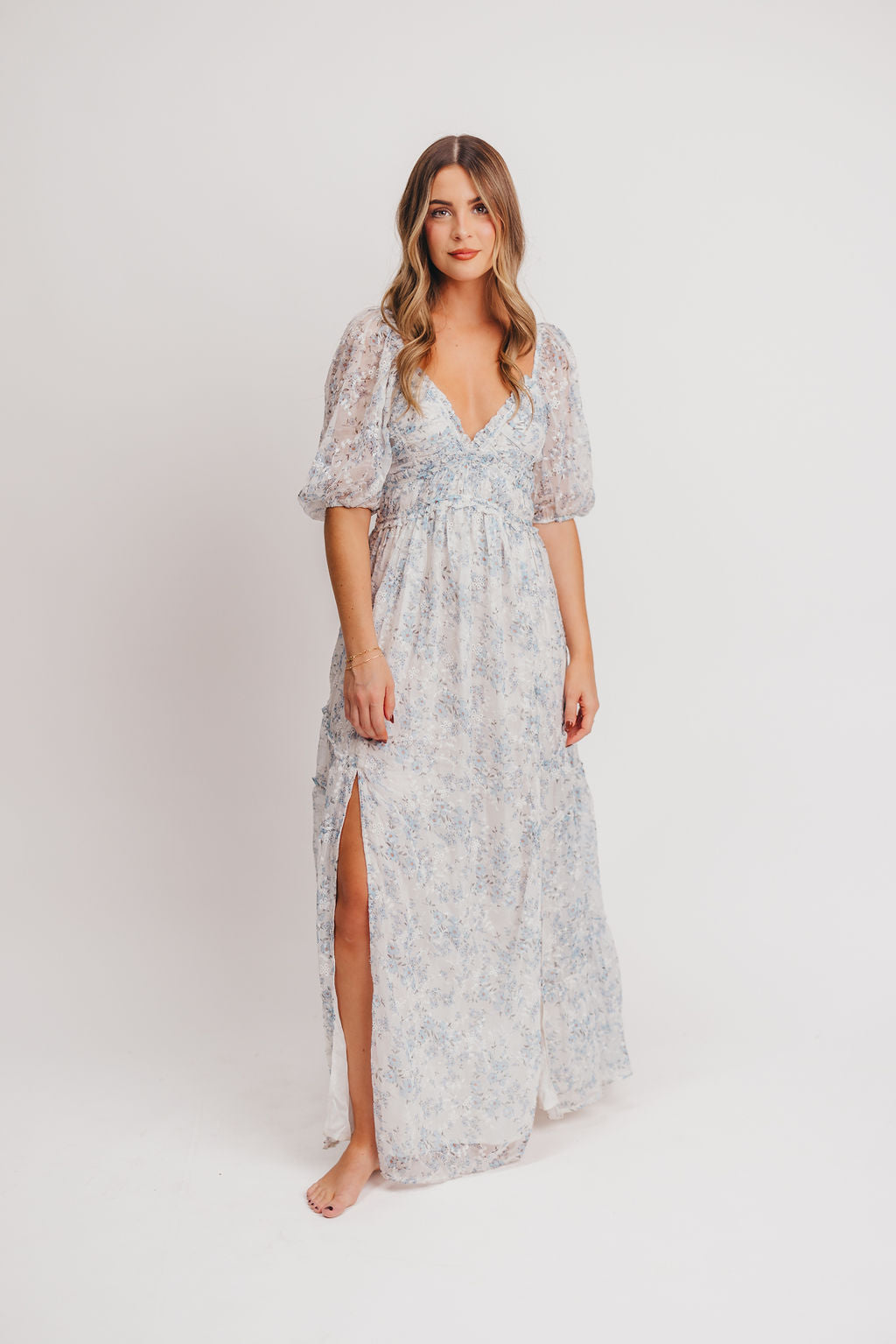 Daphne High Slit Eyelet Detail Maxi Dress in Blue and White Floral - Inclusive Sizing