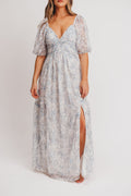 Daphne High Slit Eyelet Detail Maxi Dress in Blue and White Floral - Inclusive Sizing