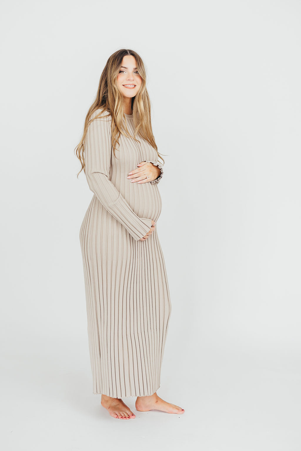 Colette Premium Long Sleeved Ribbed Knit Maxi Dress in Stone - Bump Friendly *Final Sale*