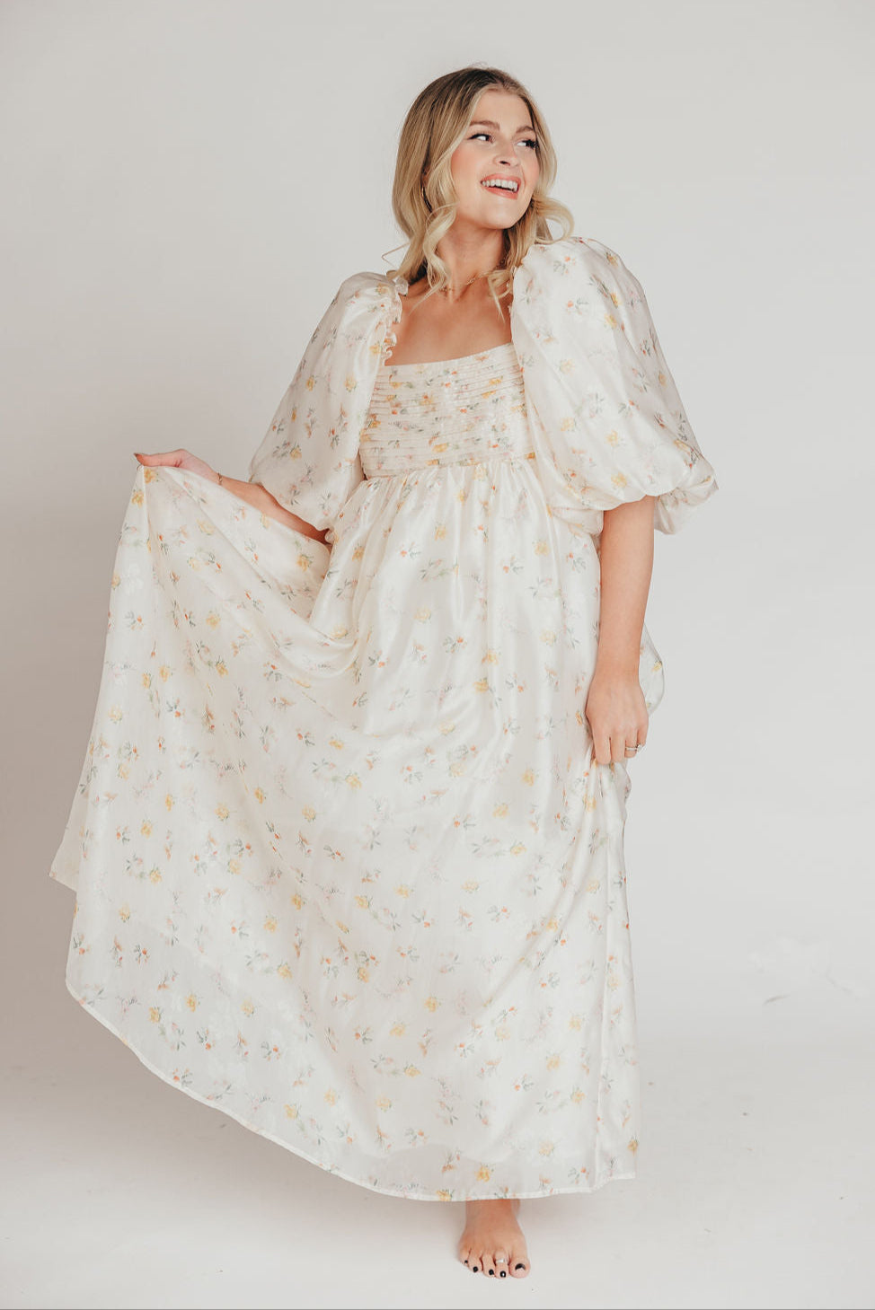 Melody Maxi Dress with Pleats and Bow Detail in Yellow Rose Floral - Bump Friendly & Inclusive Sizing (S-3XL) *Final-Sale*