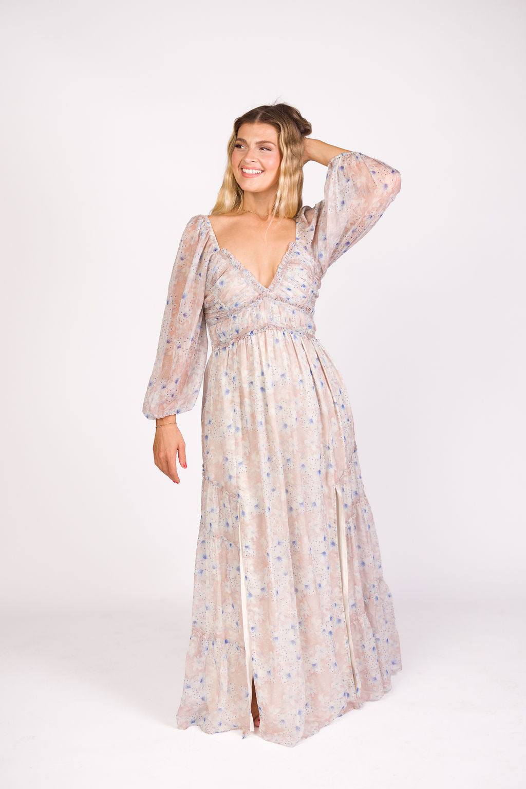 Daphne Long Sleeve Maxi Dress in Beige/Blue Floral - Bump Friendly & Inclusive Sizing (XS-3XL)