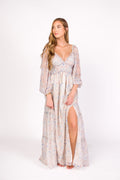 Daphne Long Sleeve Maxi Dress in Beige/Blue Floral - Bump Friendly & Inclusive Sizing (XS-3XL)