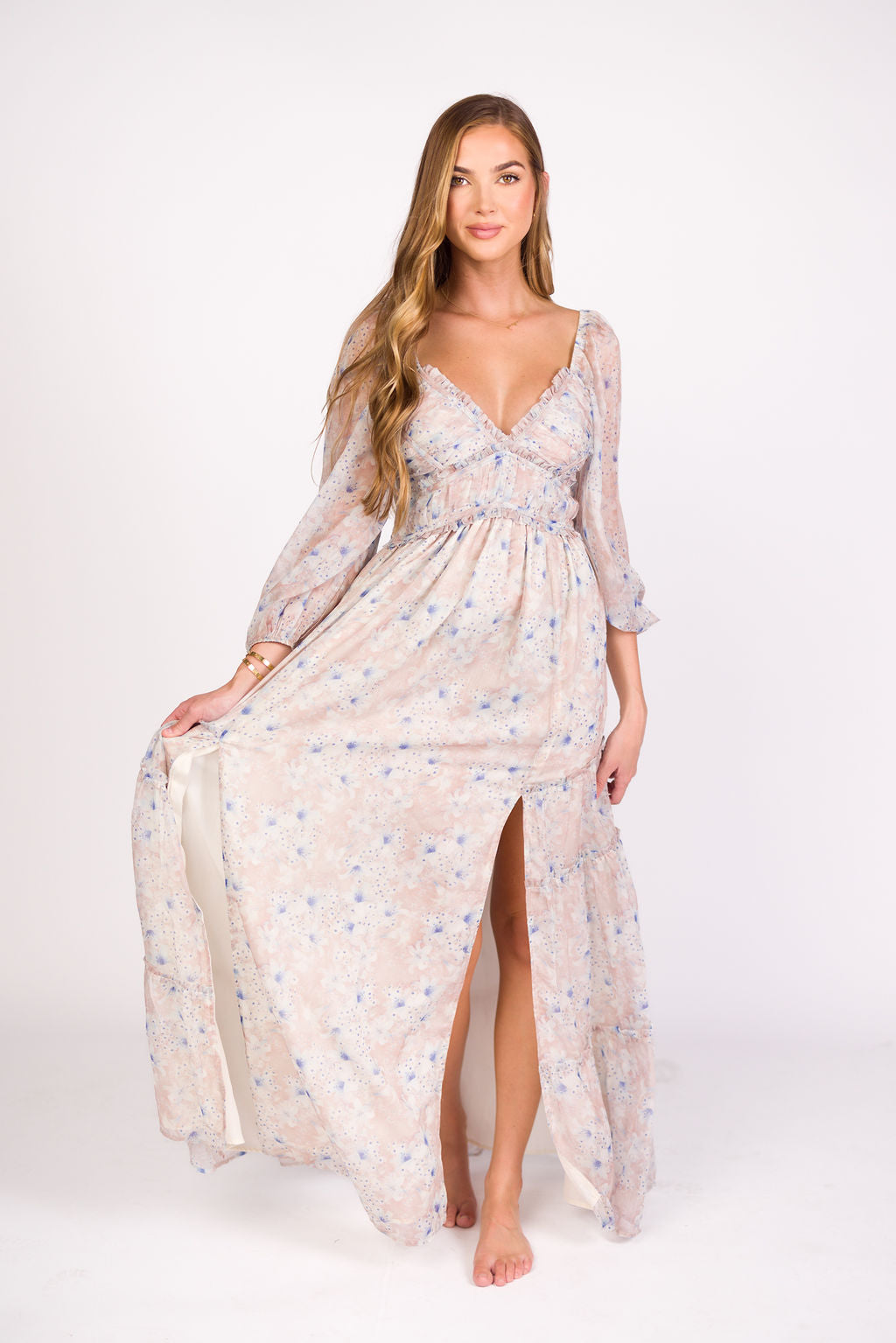 Daphne Long Sleeve Maxi Dress in Beige/Blue Floral - Bump Friendly & Inclusive Sizing (XS-3XL)