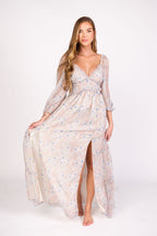 Daphne Long Sleeve Maxi Dress in Beige/Blue Floral - Bump Friendly & Inclusive Sizing (XS-3XL)