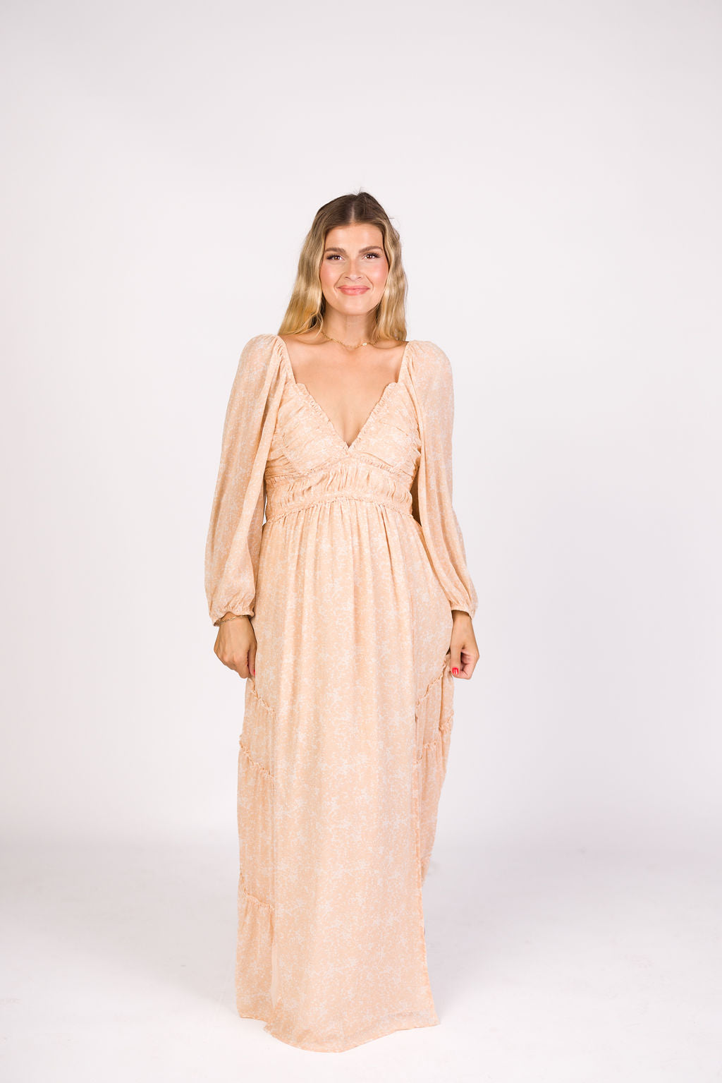 Daphne Long Sleeve Maxi Dress in Light Beige/White Floral - Bump Friendly & Inclusive Sizing (XS-3XL)