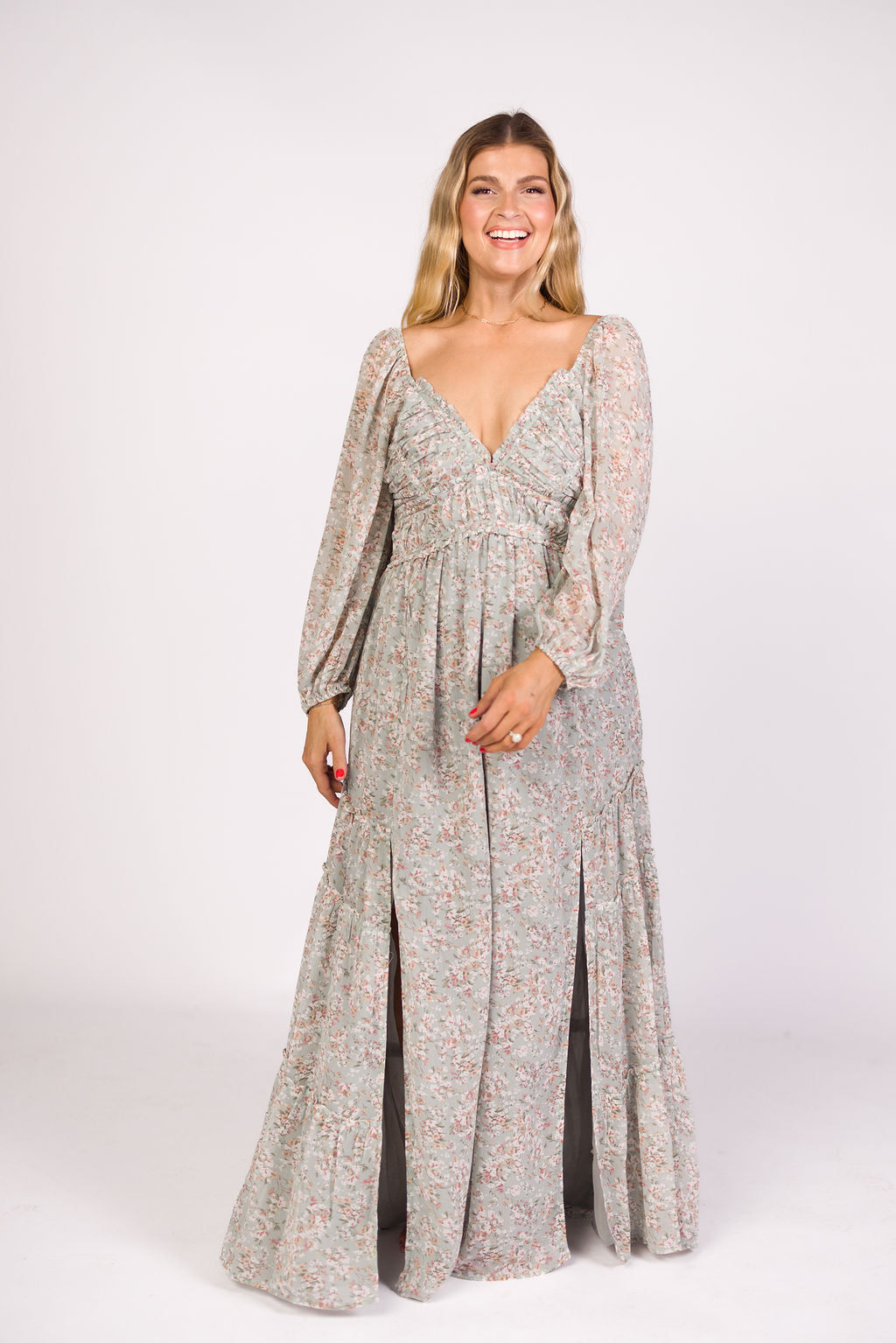 Daphne Long Sleeve Maxi Dress in Sage/Pink/Ivory Floral - Bump Friendly & Inclusive Sizing (XS-3XL)
