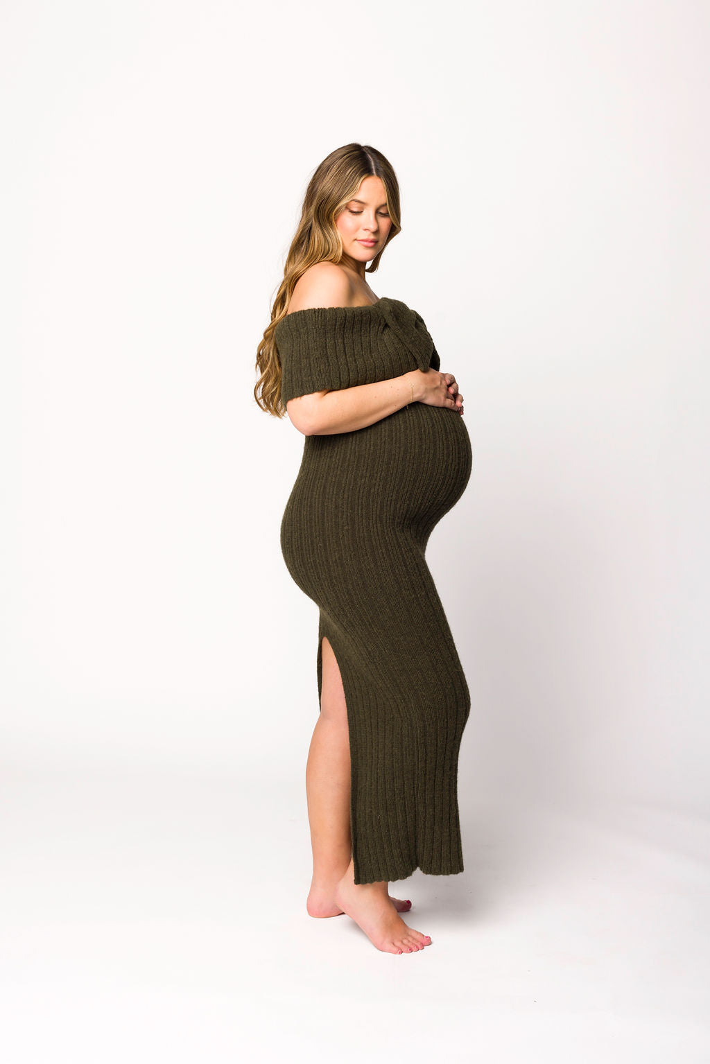 Aston Bow Front Maxi Sweater Dress in Dark Green - Bump Friendly