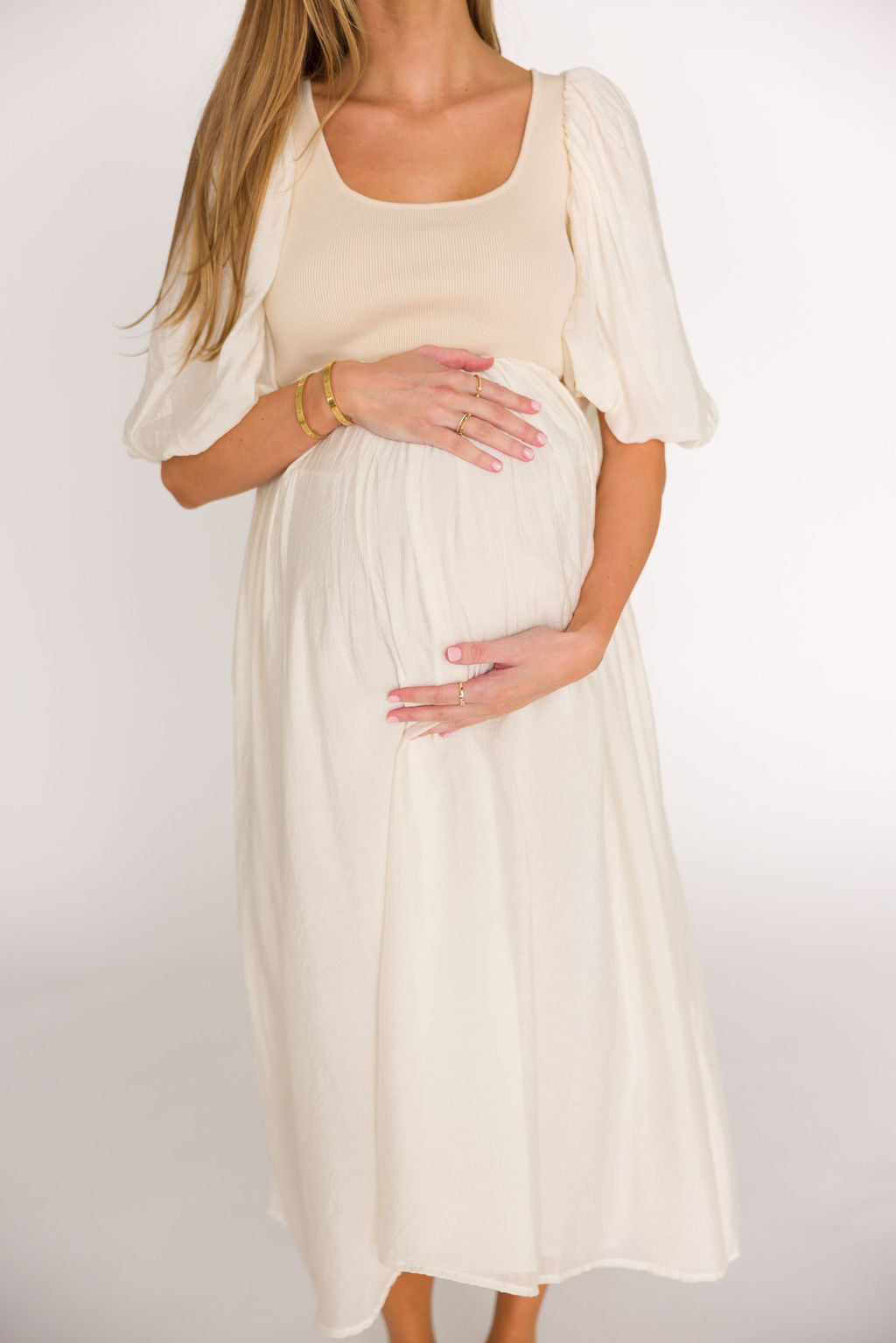 Raina Combination Midi Dress with Puff Sleeves in Natural - Bump Friendly