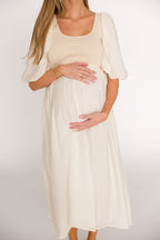 Raina Combination Midi Dress with Puff Sleeves in Natural - Bump Friendly