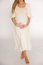 Raina Combination Midi Dress with Puff Sleeves in Natural - Bump Friendly