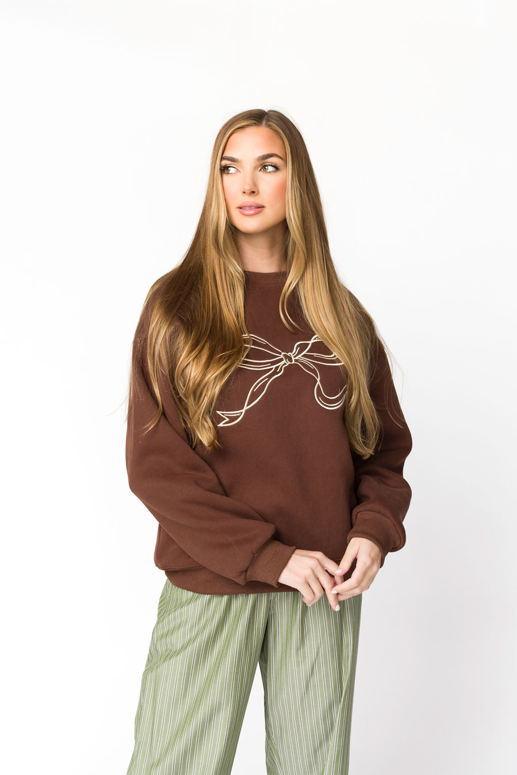 Claire Embroidered Bow Sweatshirt in Chocolate *Final-Sale*