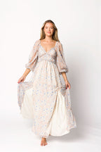 Daphne Long Sleeve Maxi Dress in Beige/Blue Floral - Bump Friendly & Inclusive Sizing (XS-3XL)