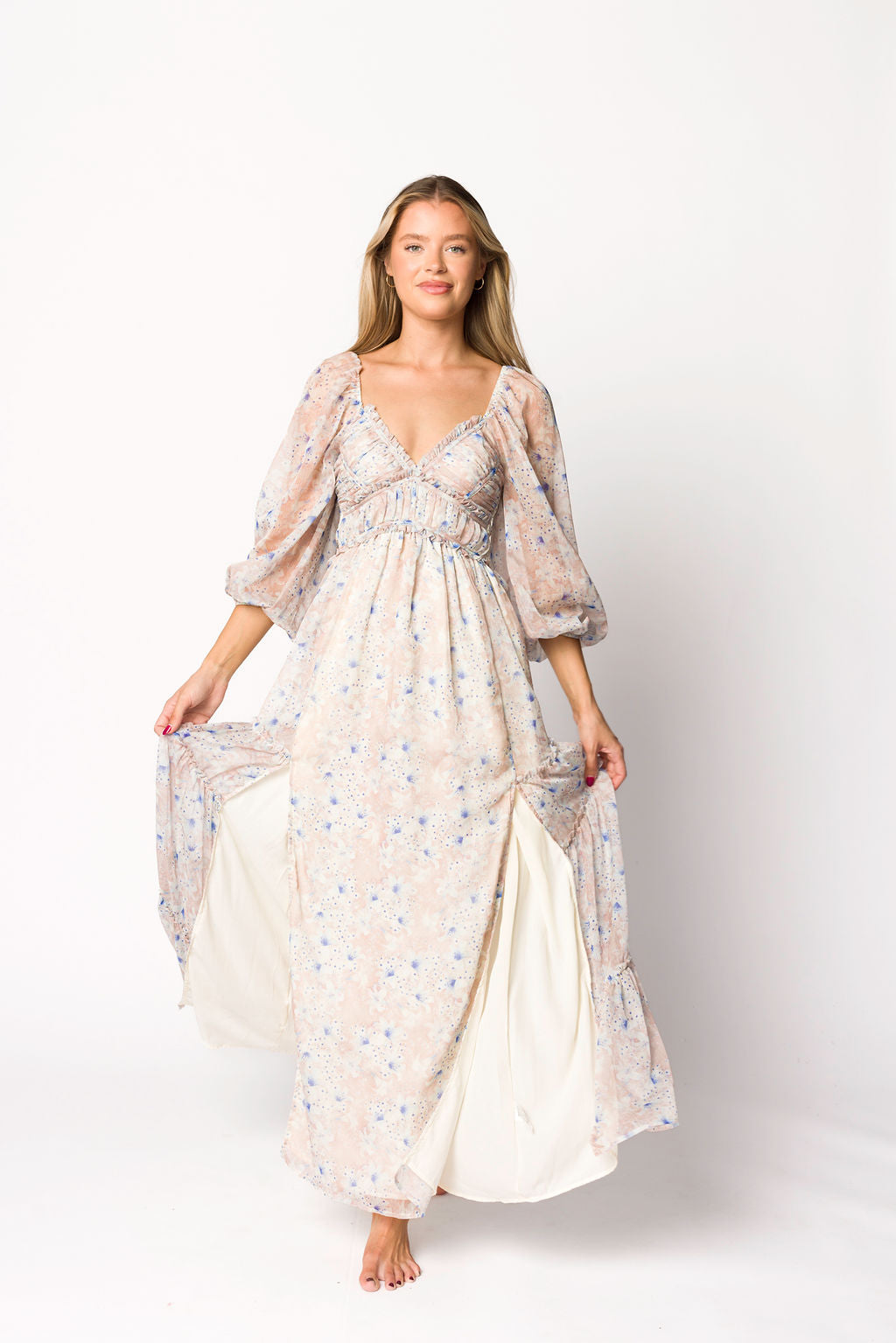 Daphne Long Sleeve Maxi Dress in Beige/Blue Floral - Bump Friendly & Inclusive Sizing (XS-3XL)
