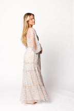 Daphne Long Sleeve Maxi Dress in Beige/Blue Floral - Bump Friendly & Inclusive Sizing (XS-3XL)