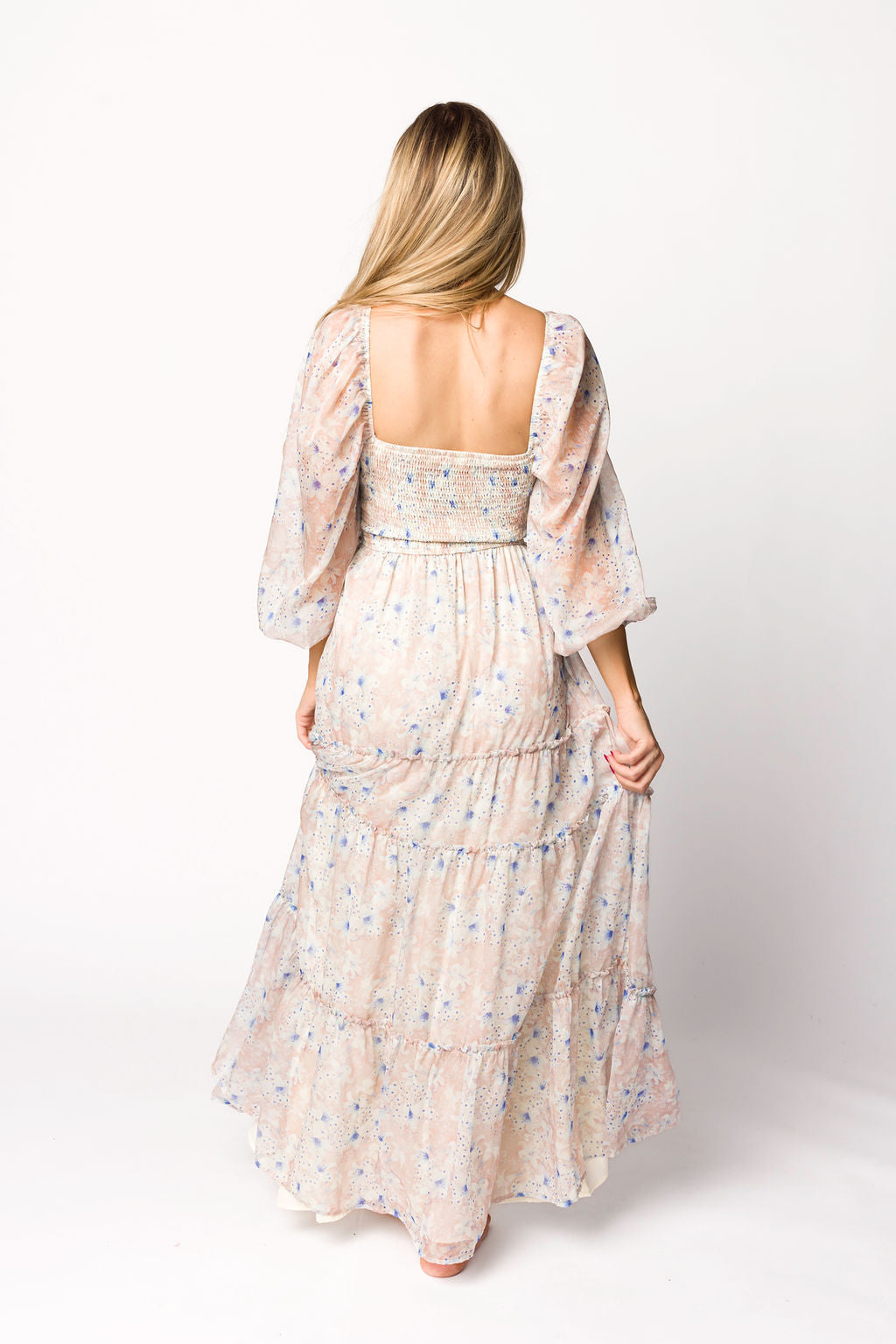 Daphne Long Sleeve Maxi Dress in Beige/Blue Floral - Bump Friendly & Inclusive Sizing (XS-3XL)
