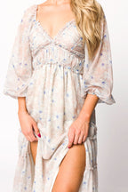 Daphne Long Sleeve Maxi Dress in Beige/Blue Floral - Bump Friendly & Inclusive Sizing (XS-3XL)