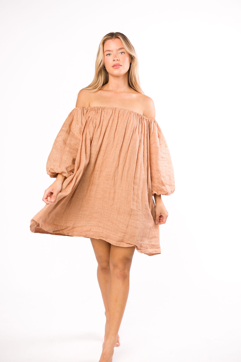 Cassidy 100% Linen On/Off Shoulder Mini Dress in Mocha *Final-Sale*