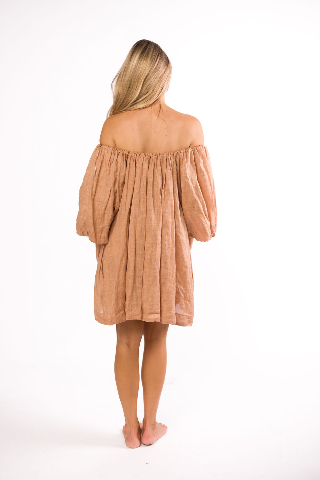 Cassidy 100% Linen On/Off Shoulder Mini Dress in Mocha *Final-Sale*