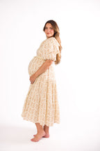 Elena 100% Cotton Toile Print Smocked Midi Dress in Light Brown- Bump Friendly