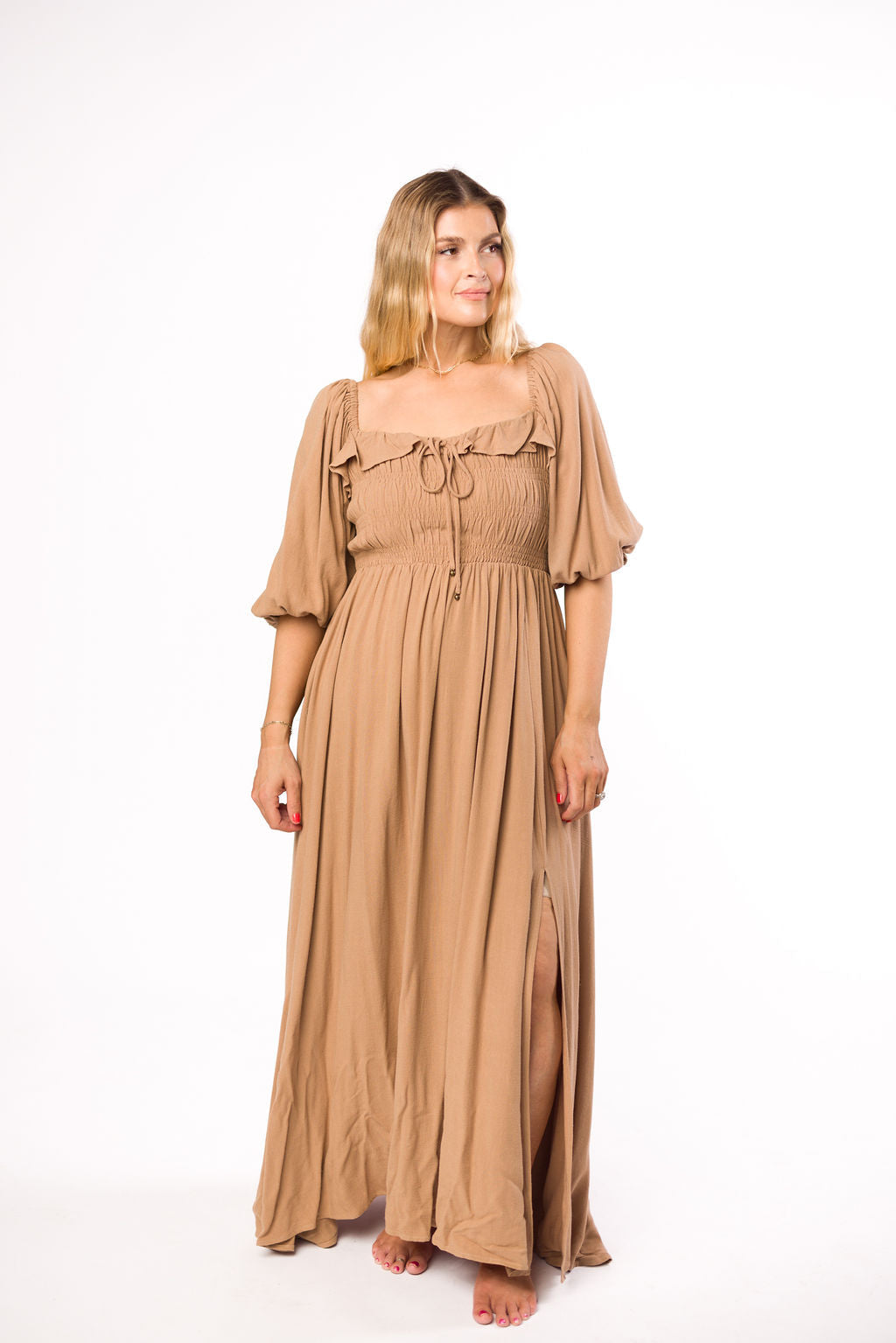 Devon Smocked Maxi Dress in Taupe - Bump Friendly *Final-Sale*