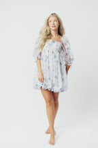 Chase Bubble Hem Mini Dress in White/Periwinkle *Final-Sale*