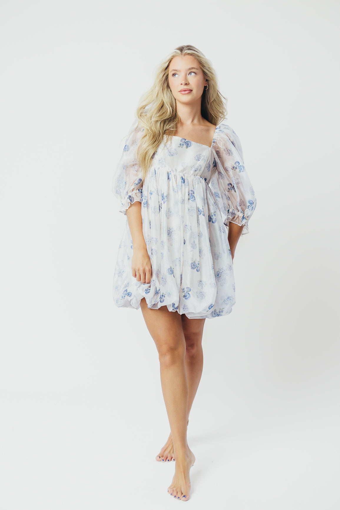 Chase Bubble Hem Mini Dress in White/Periwinkle *Final-Sale*