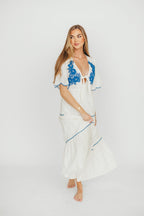 Lena Embroidered Tiered Midi Dress in Off-White/Blue *Final-Sale*