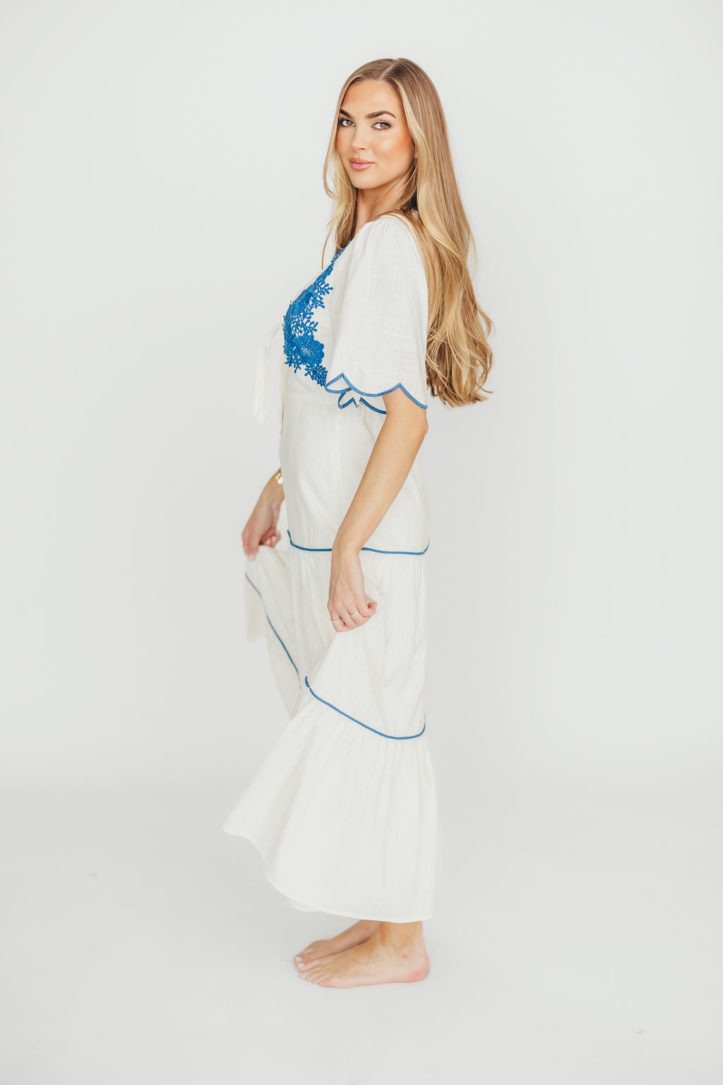 Lena Embroidered Tiered Midi Dress in Off-White/Blue *Final-Sale*