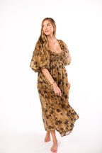 Harlow Camel & Black Floral Maxi Dress with Stretchy Neckline - Bump Friendly (Final Few) *Final Sale*