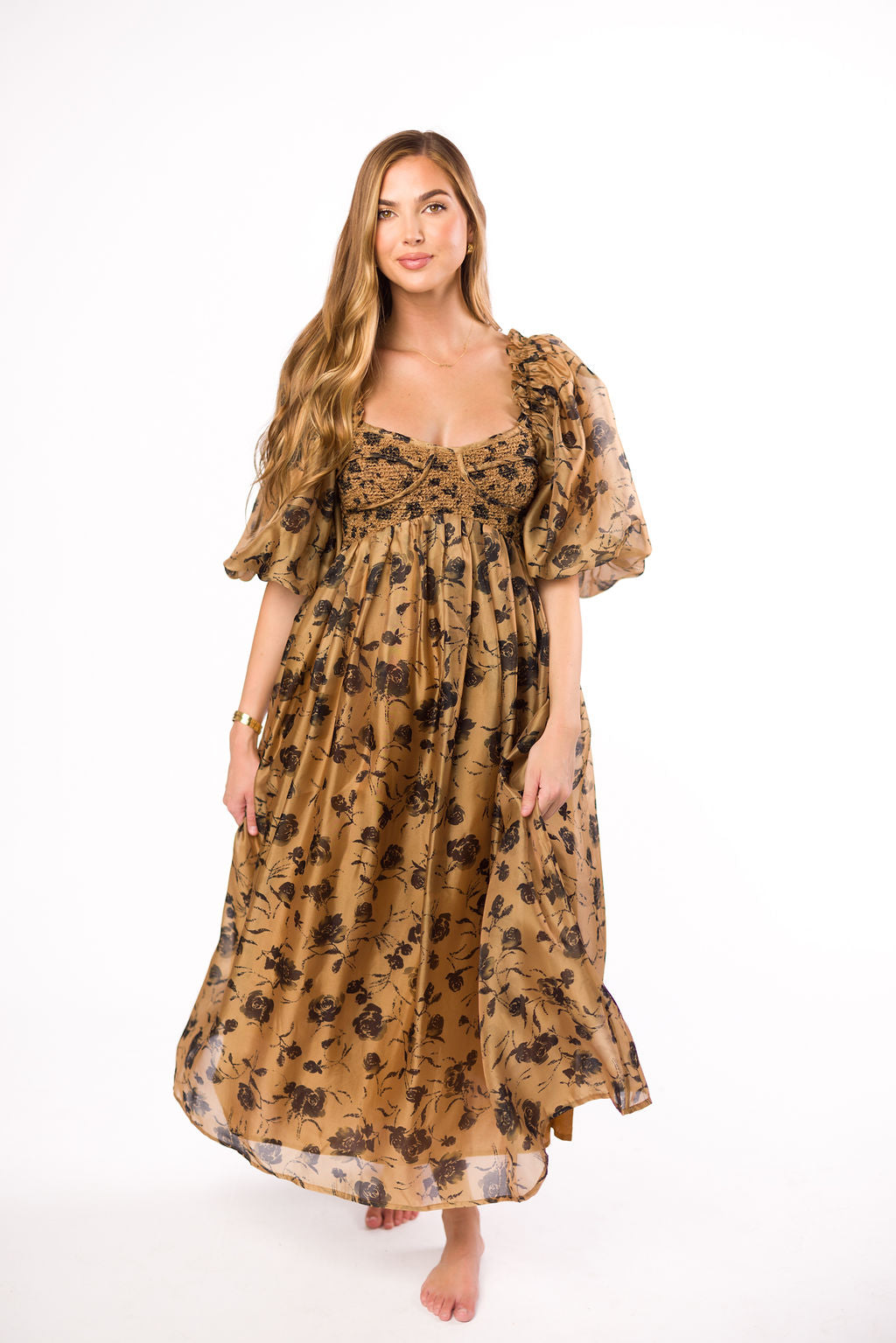 Harlow Camel & Black Floral Maxi Dress with Stretchy Neckline - Bump Friendly (Final Few) *Final Sale*