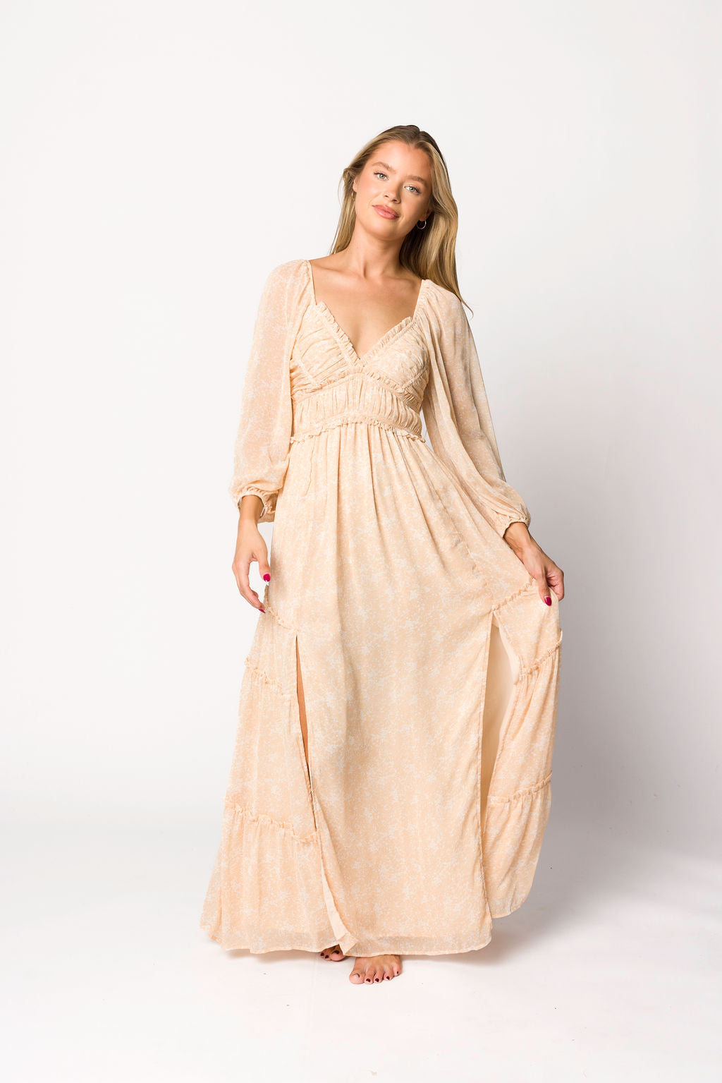 Daphne Long Sleeve Maxi Dress in Light Beige/White Floral - Bump Friendly & Inclusive Sizing (XS-3XL)