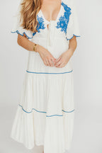 Lena Embroidered Tiered Midi Dress in Off-White/Blue *Final-Sale*