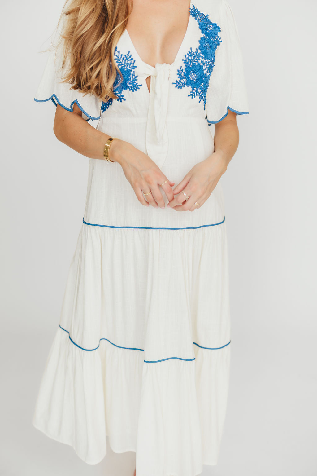 Lena Embroidered Tiered Midi Dress in Off-White/Blue *Final-Sale*
