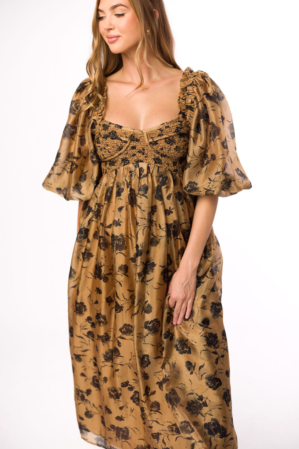 Harlow Camel & Black Floral Maxi Dress with Stretchy Neckline - Bump Friendly (Final Few) *Final Sale*