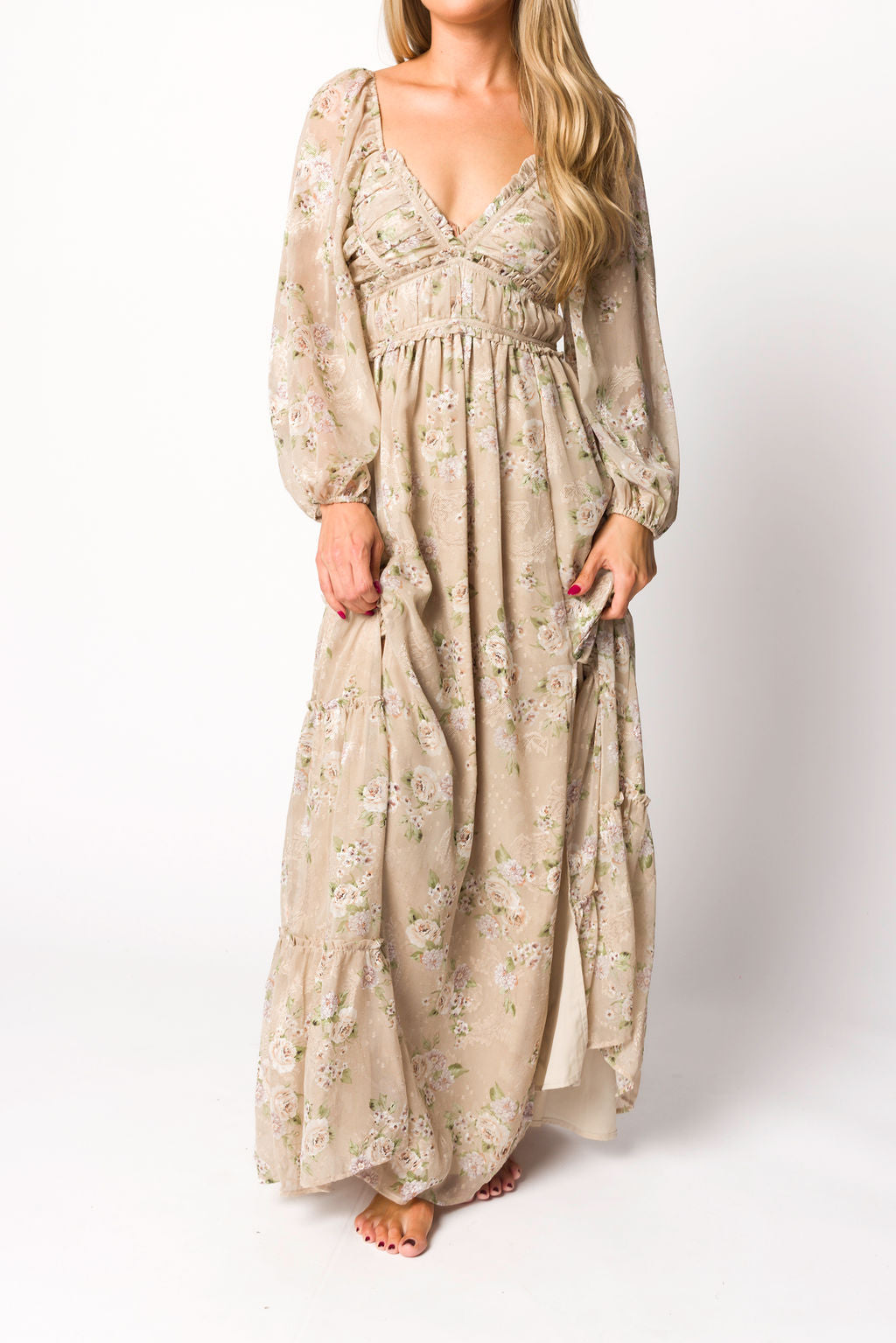 Daphne Long Sleeve Maxi Dress in Beige/Multi Floral - Bump Friendly & Inclusive Sizing (XS-3XL)