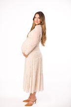 Camille Mesh Gathered Side Seam Maxi Dress in Nude Multi Floral - Bump Friendly