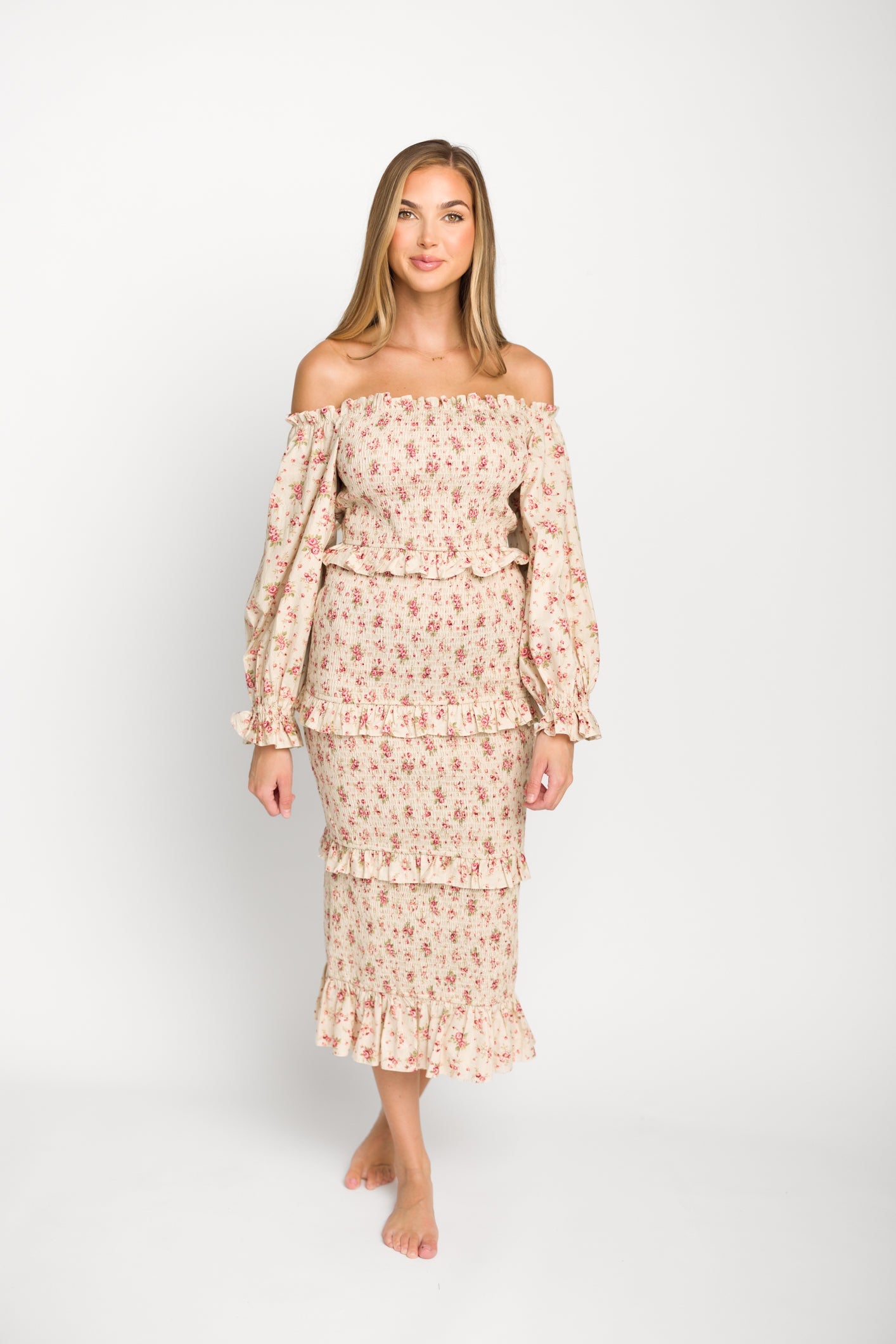Lila Floral Printed Smocked Midi Dress in Pink - Bump Friendly *Final-Sale*