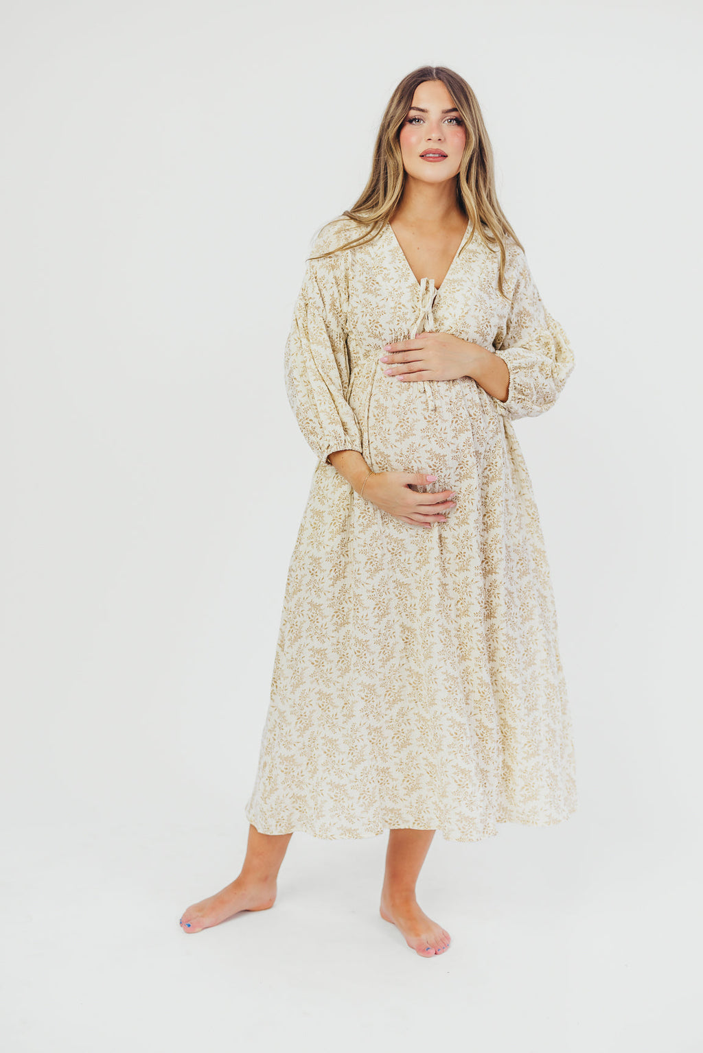 Hunter 100% Cotton Gauze Midi Dress in Natural/Tan Floral - Bump Friendly