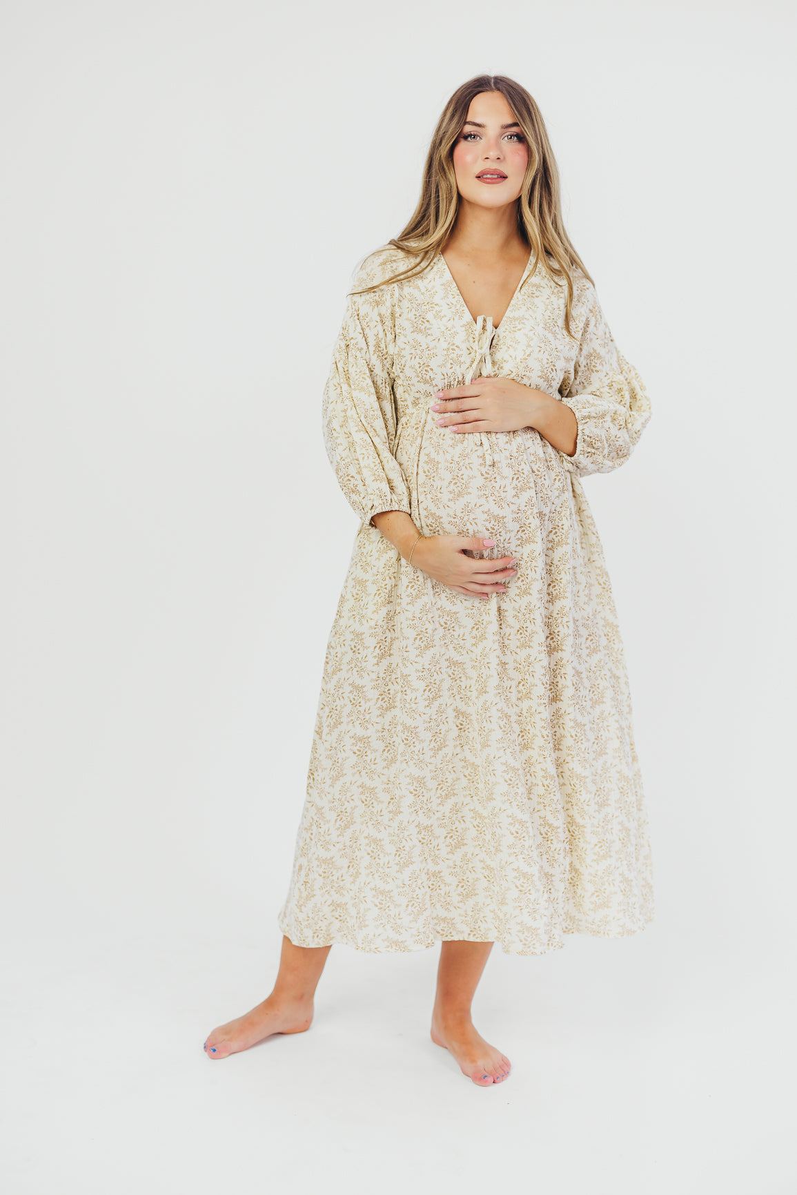 Hunter 100% Cotton Gauze Midi Dress in Natural/Tan Floral - Bump Friendly